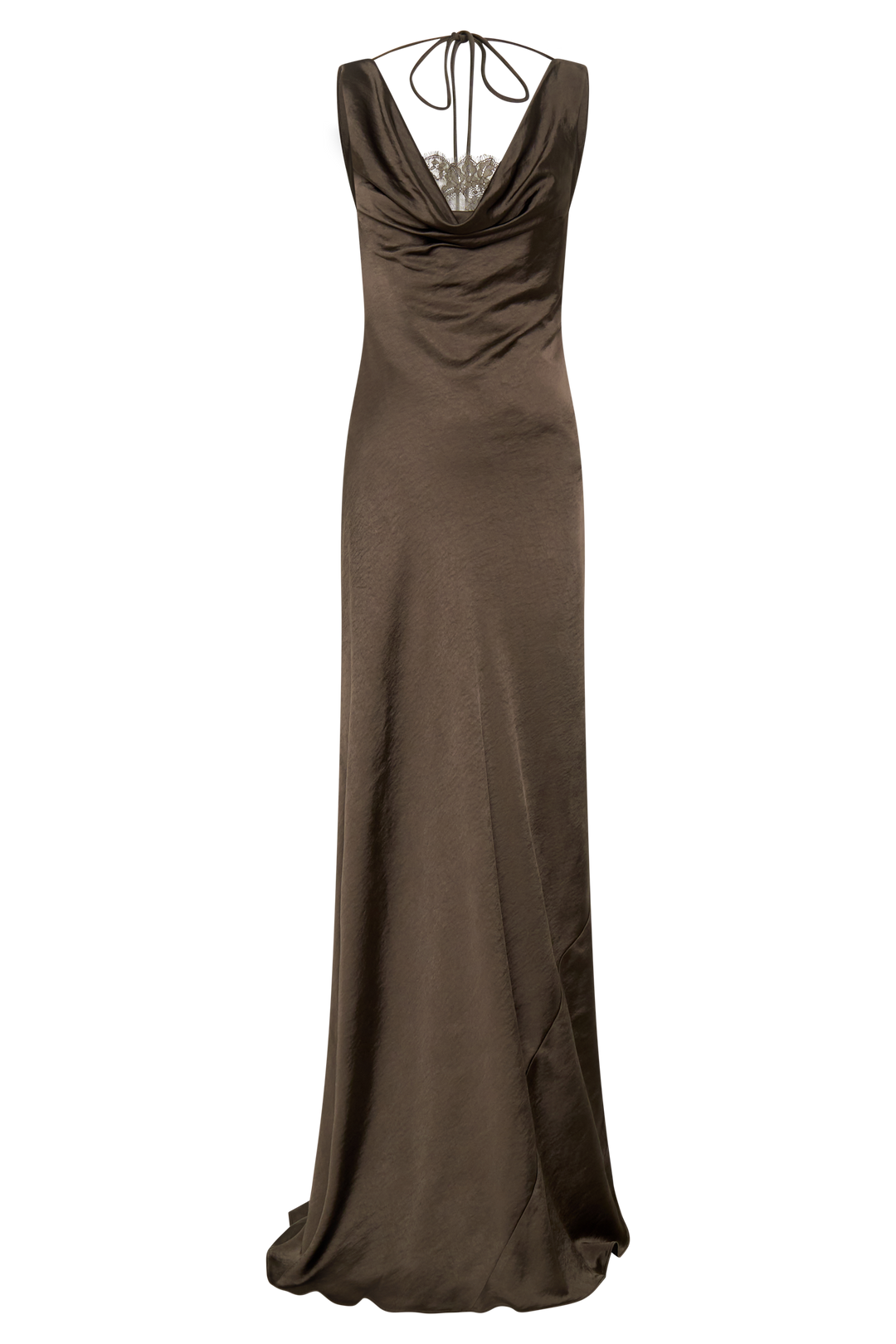 Glamcroft Maxi Dress with Cowl Neck and Lace Trim in Mocha