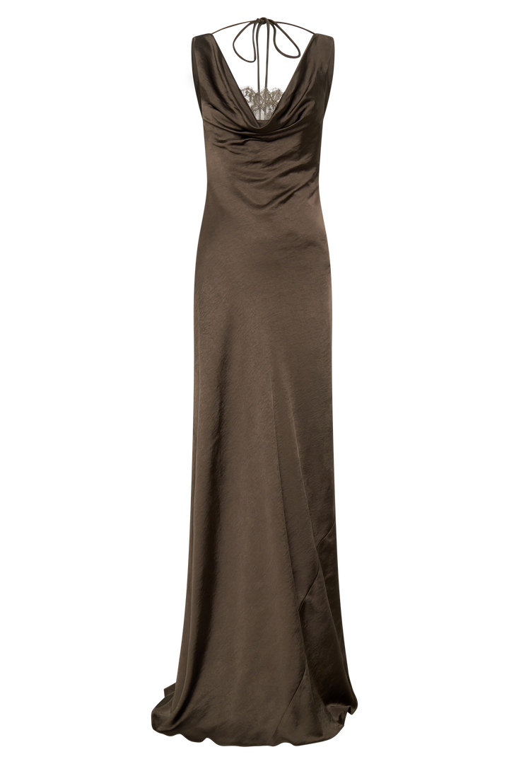 Glamcroft Maxi Dress with Cowl Neck and Lace Trim in Mocha