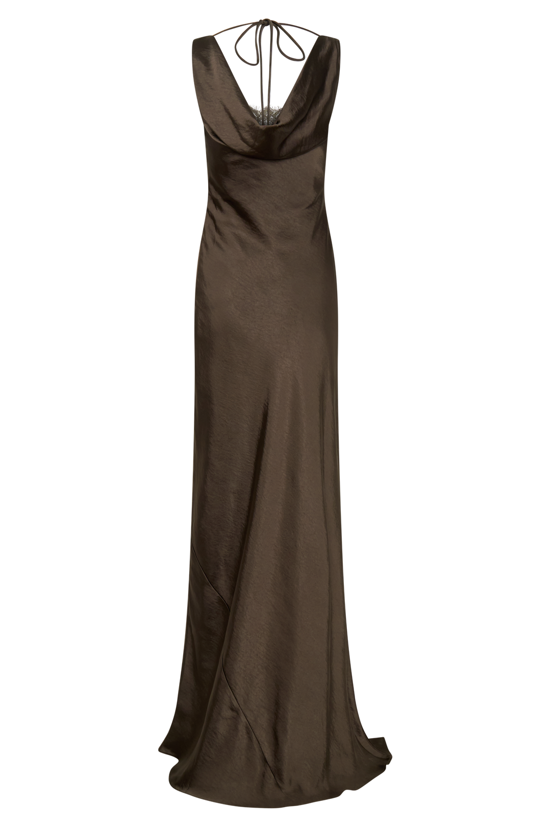 Glamcroft Maxi Dress with Cowl Neck and Lace Trim in Mocha