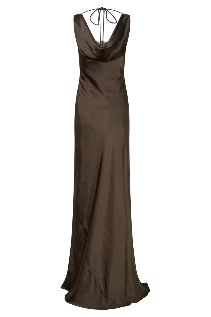 Glamcroft Maxi Dress with Cowl Neck and Lace Trim in Mocha