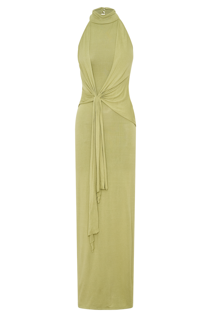 Glamcroft Dresses Halter Knit Maxi Dress Light Olive
