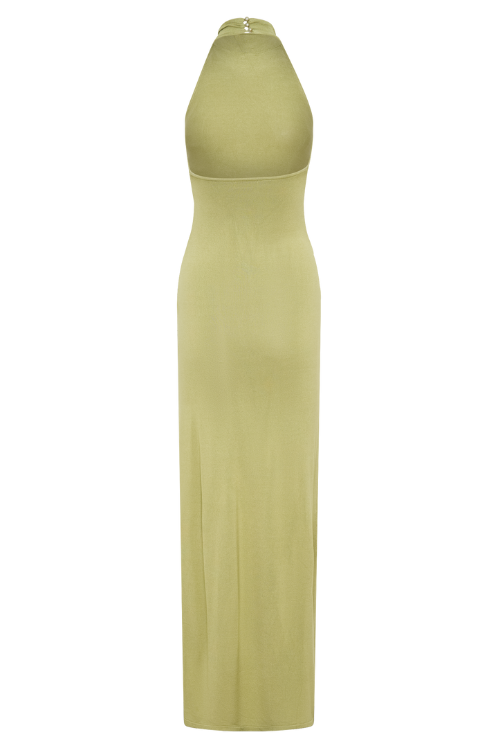 Glamcroft Dresses Halter Knit Maxi Dress Light Olive