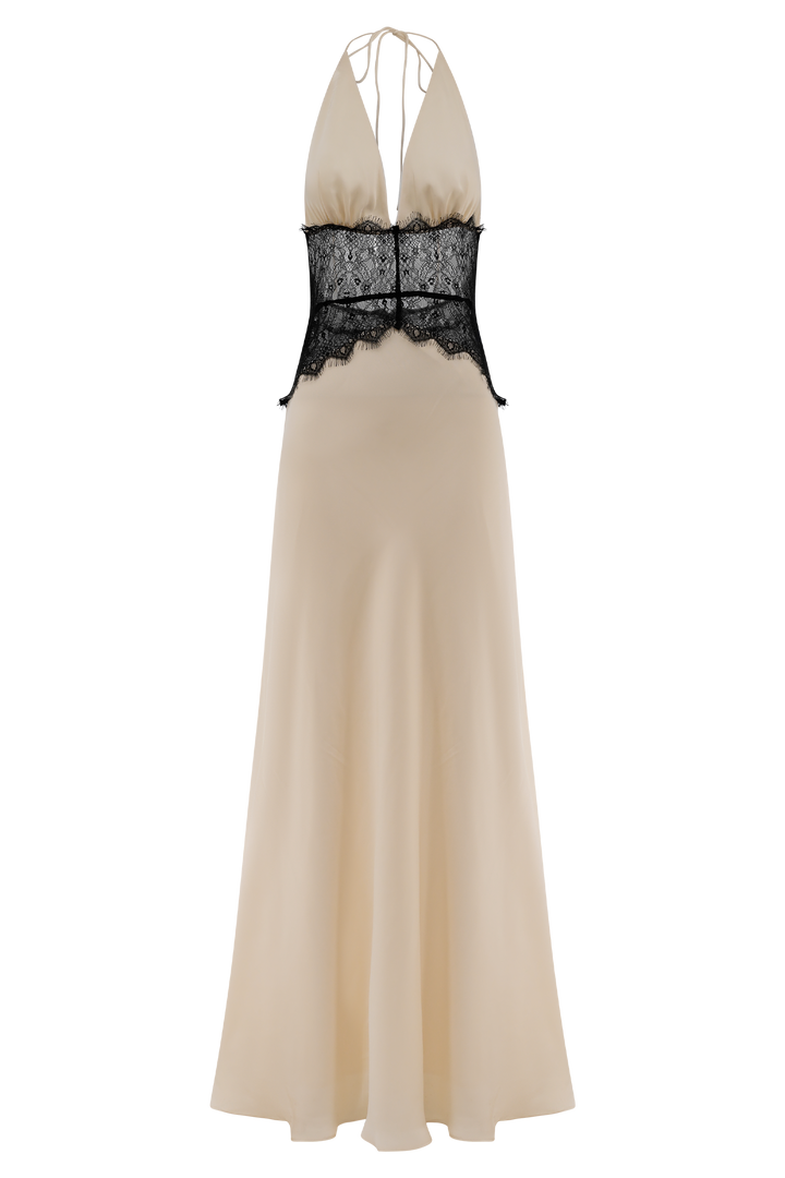 Glamcroft Maxi Dress with Lace and Satin Details in Black/Ivory
