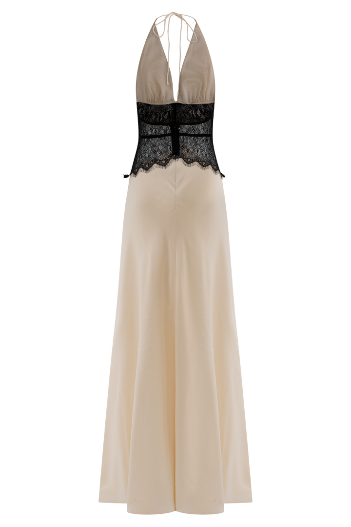 Glamcroft Maxi Dress with Lace and Satin Details in Black/Ivory