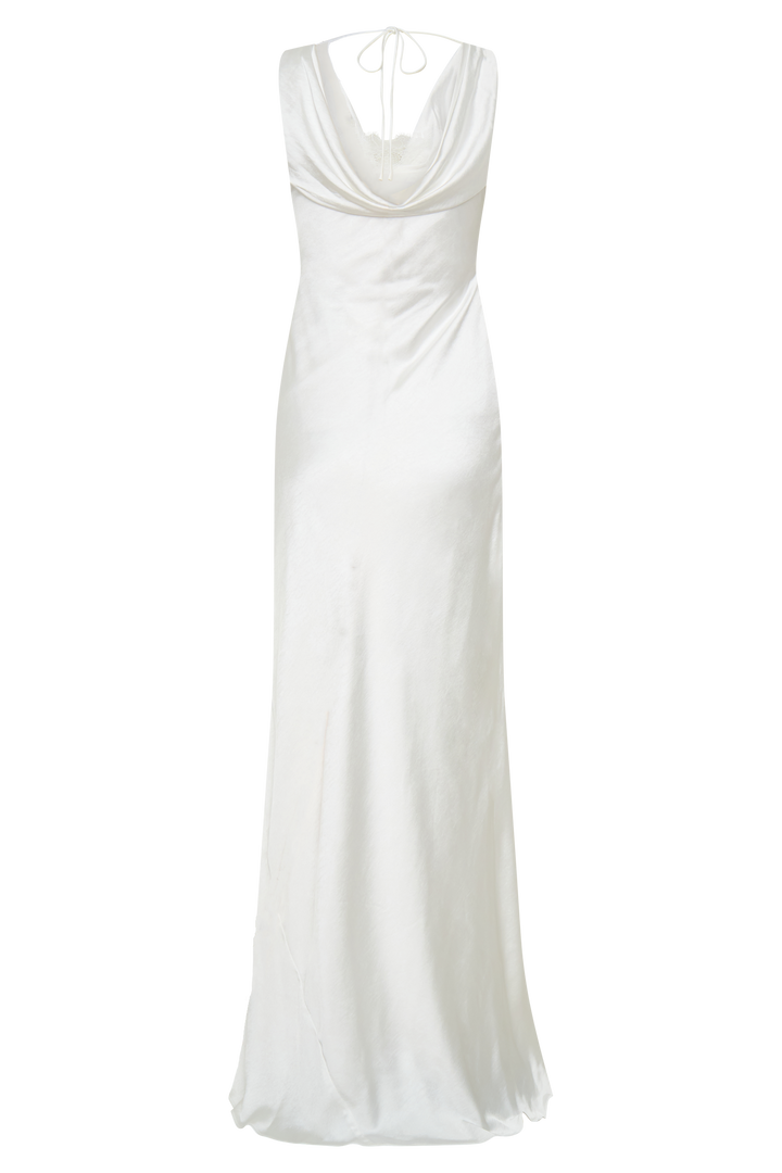 Glamcroft Maxi Dress with Cowl Neckline and Lace Trim - Ivory