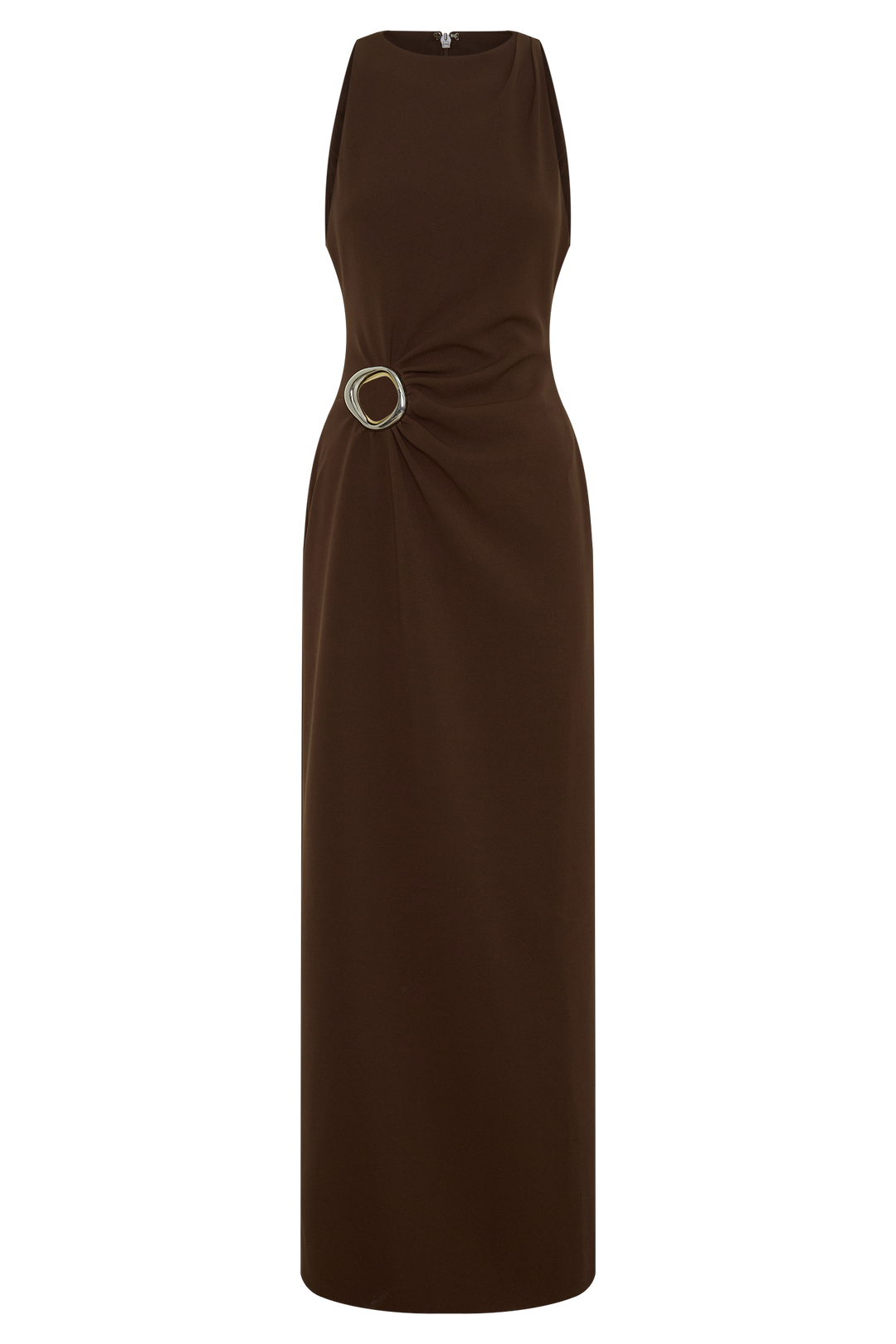 Glamcroft Maxi Dress with Asymmetrical Tuck Detail in Dark Chocolate