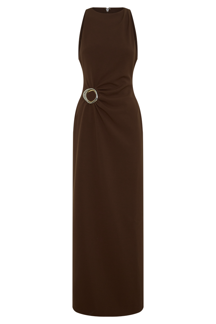 Glamcroft Maxi Dress with Asymmetrical Tuck Detail in Dark Chocolate