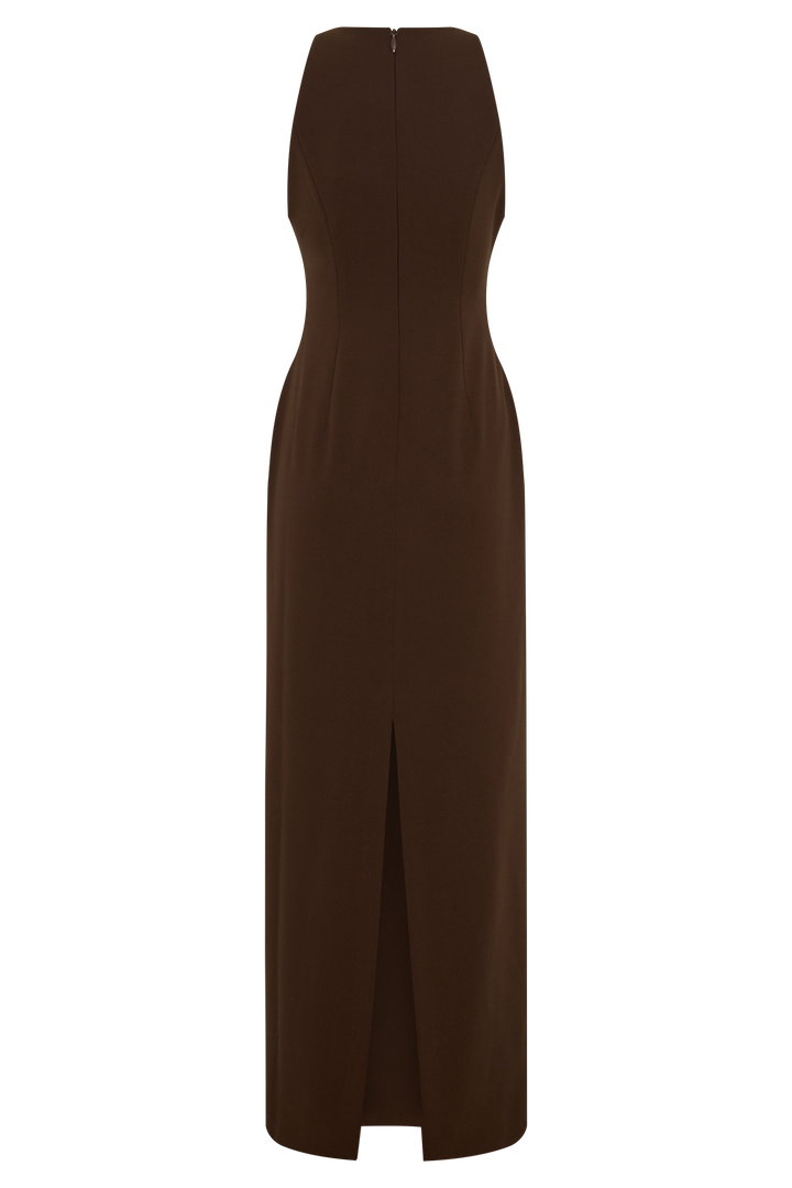 Glamcroft Maxi Dress with Asymmetrical Tuck Detail in Dark Chocolate
