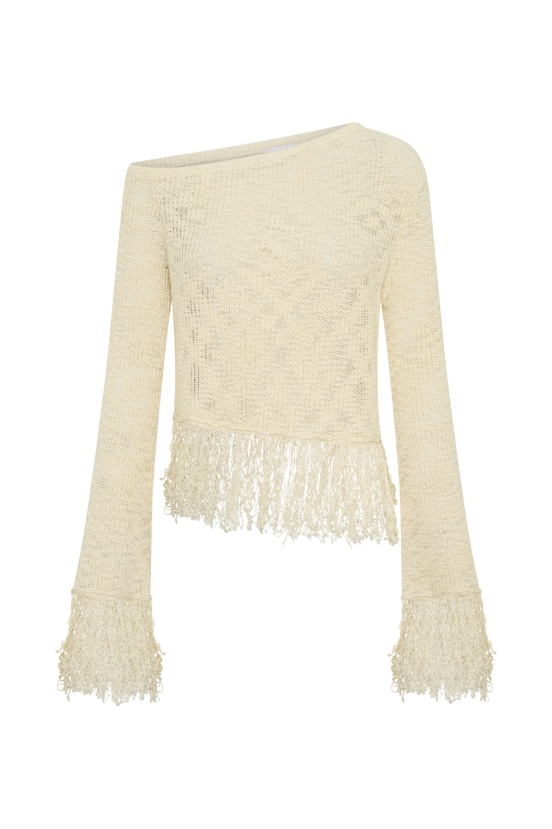 Glamcroft Long Sleeve Top with Fringe Detail - Cream