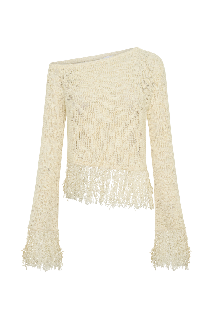 Glamcroft Long Sleeve Top with Fringe Detail - Cream