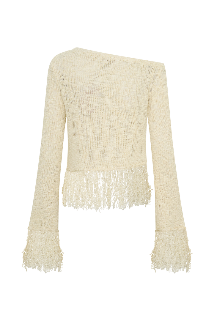 Glamcroft Long Sleeve Top with Fringe Detail - Cream