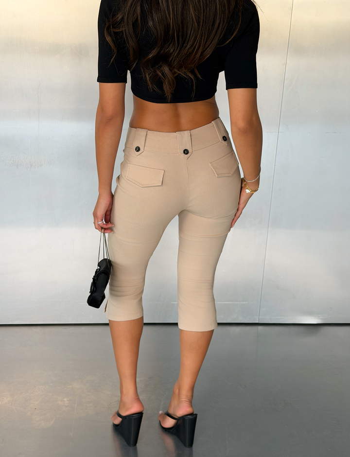 Glamcroft Pants Tan Khaki Capri with Button Fastening