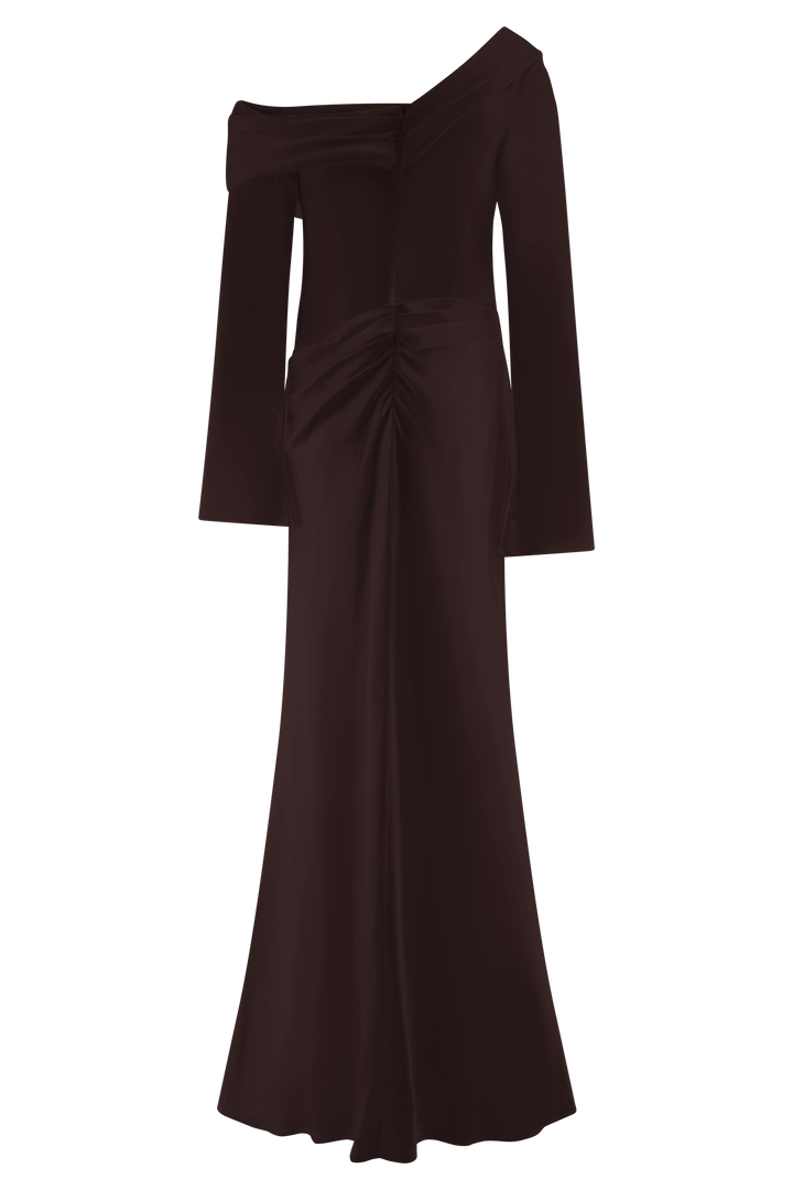 Glamcroft Dresses Long Sleeve Satin Maxi Dress Dark Chocolate