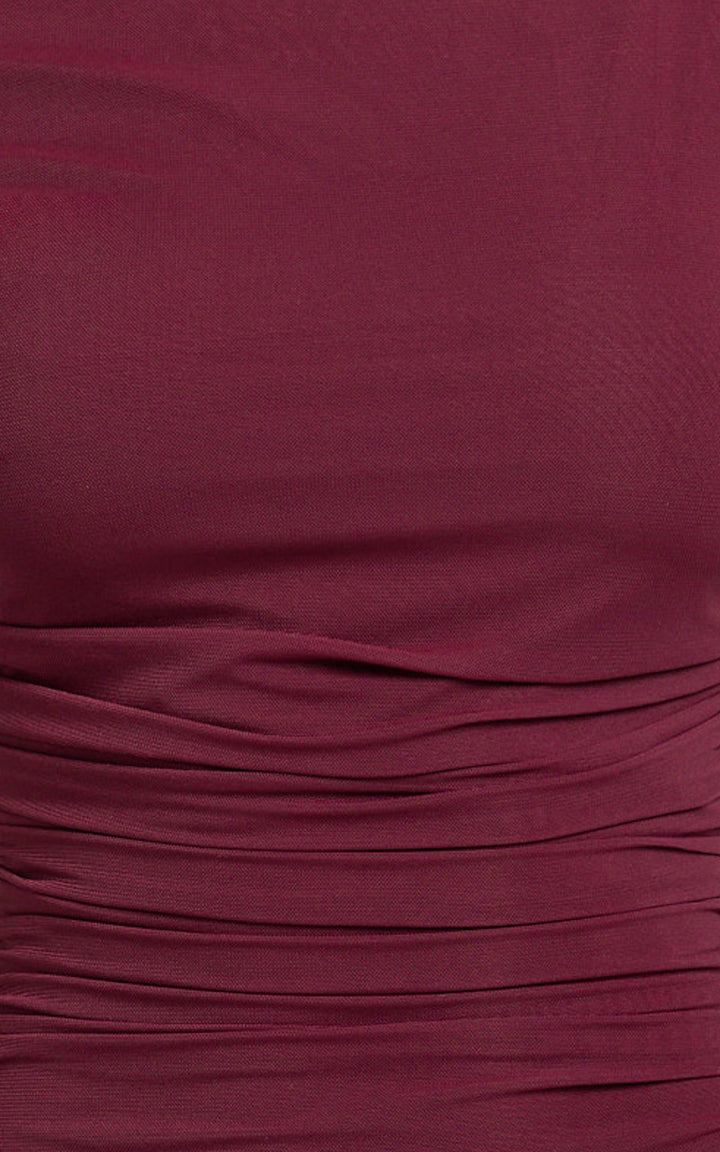 Judee Midi Dress - One Shoulder High Side Split Dress in Wine