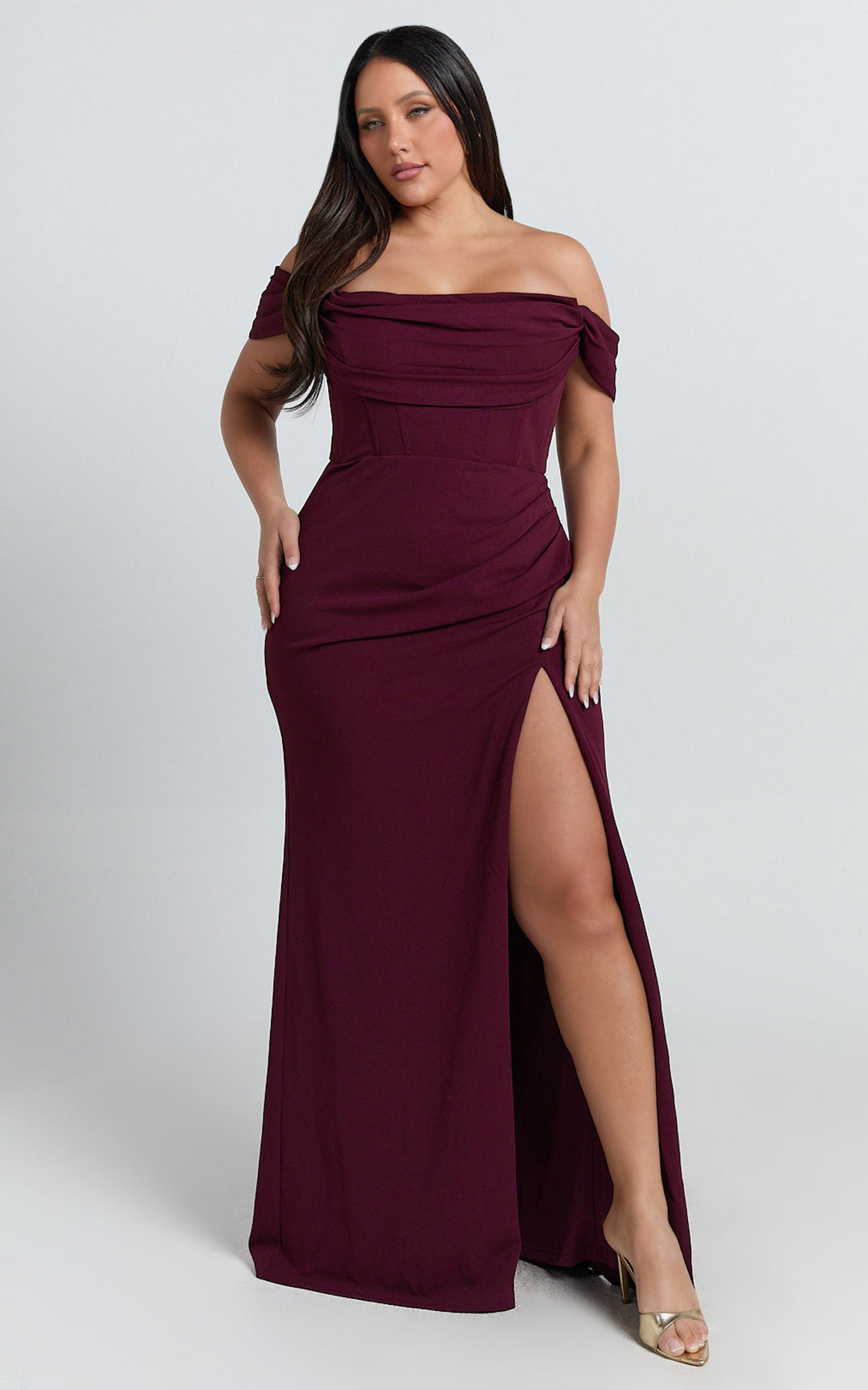 Marcel Maxi Dress - Off Shoulder Corset High Split Dress in Wine