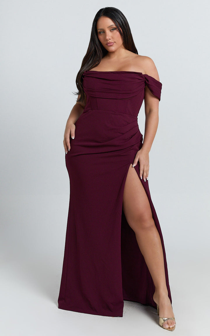 Marcel Maxi Dress - Off Shoulder Corset High Split Dress in Wine