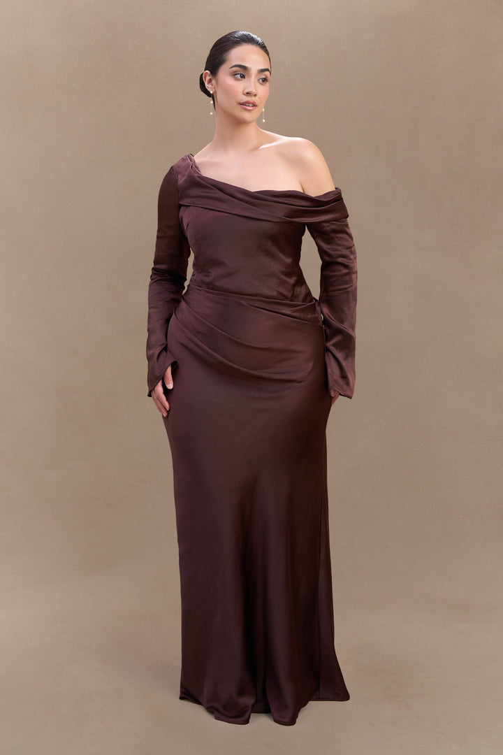 Glamcroft Dresses Long Sleeve Satin Maxi Dress Dark Chocolate