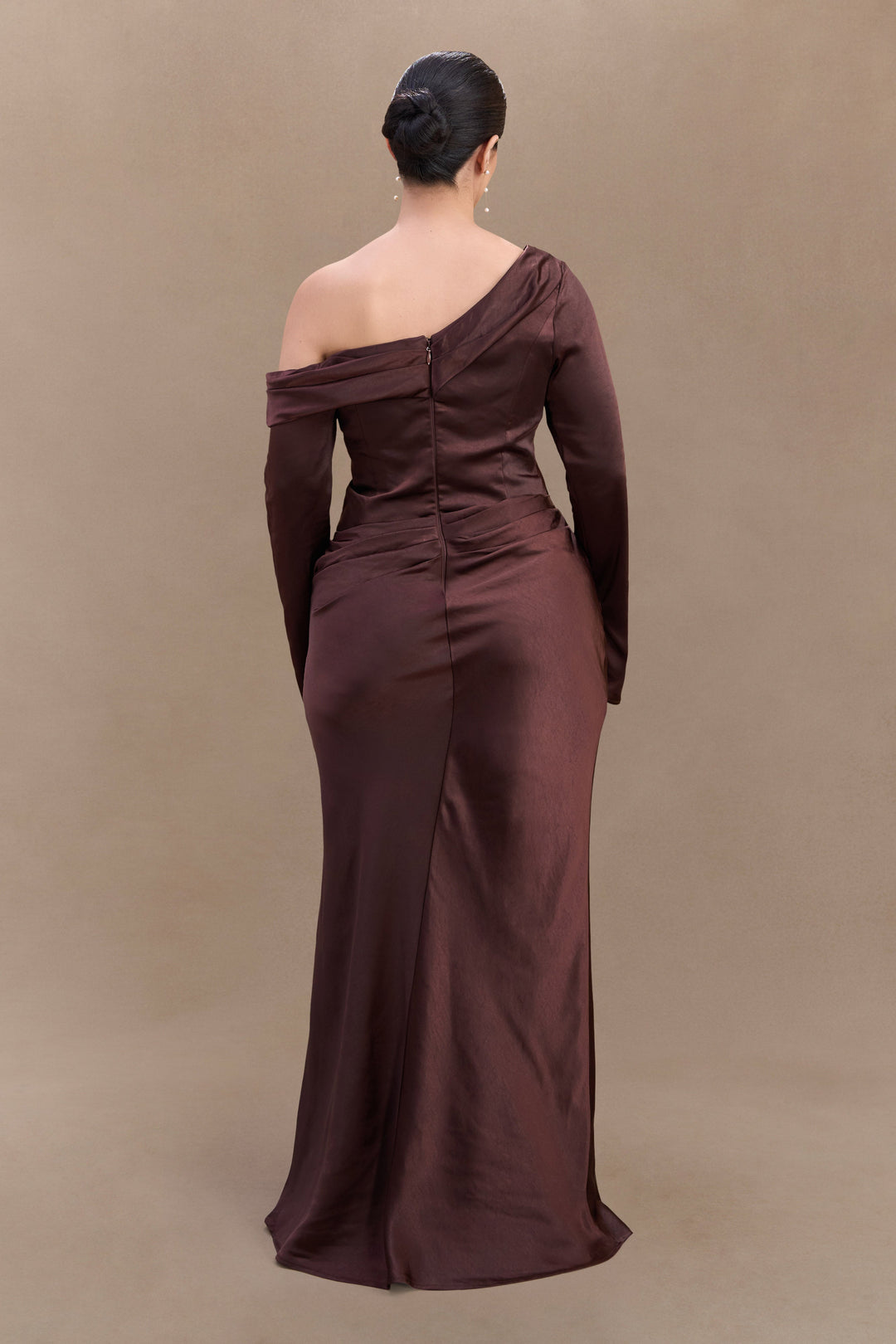 Glamcroft Dresses Long Sleeve Satin Maxi Dress Dark Chocolate
