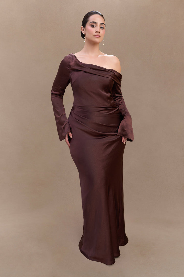 Glamcroft Dresses Long Sleeve Satin Maxi Dress Dark Chocolate