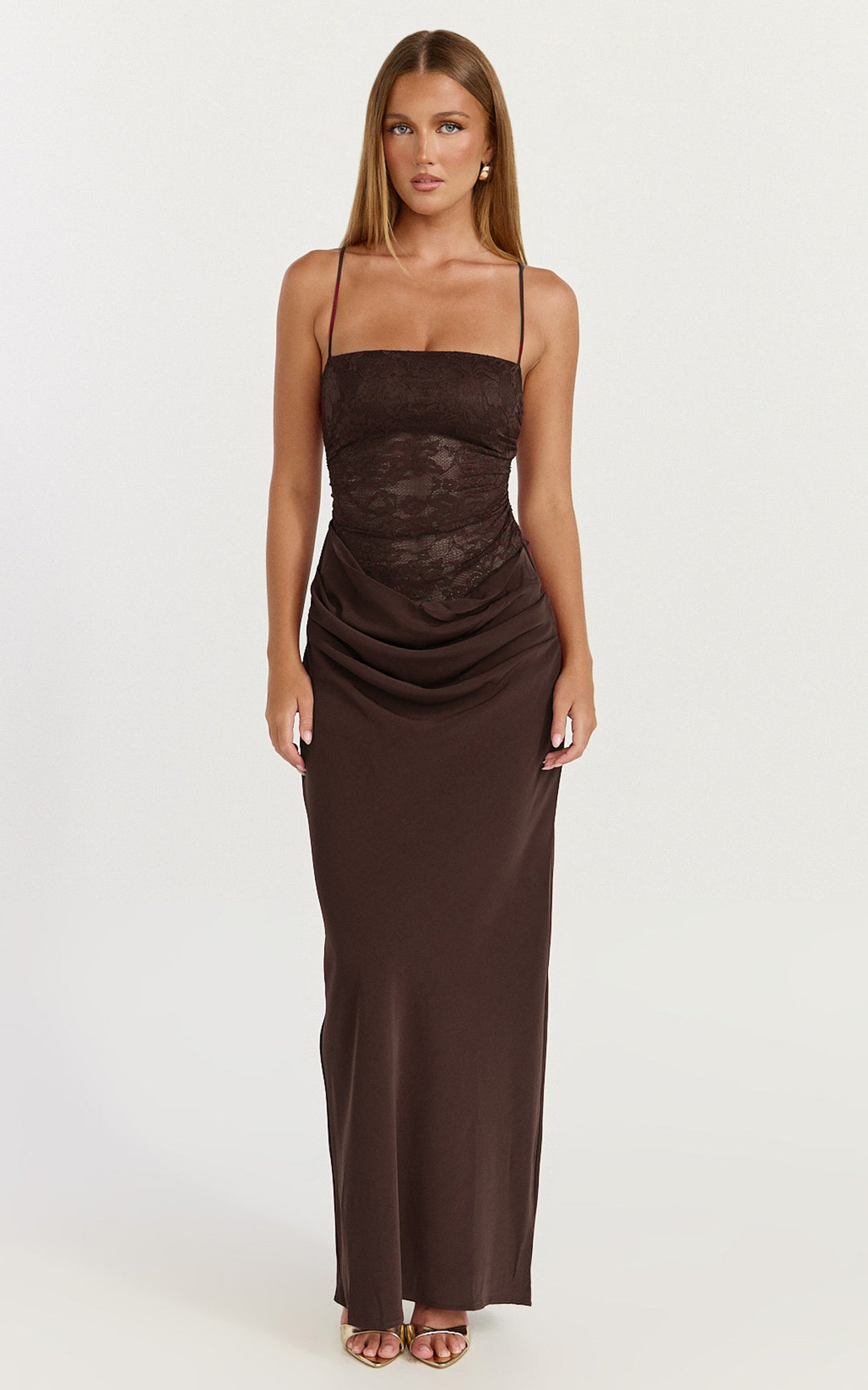 Rania Maxi Dress - Contrast Lace Bodice Bias Cowl Drop Waist Dress in Chocolate