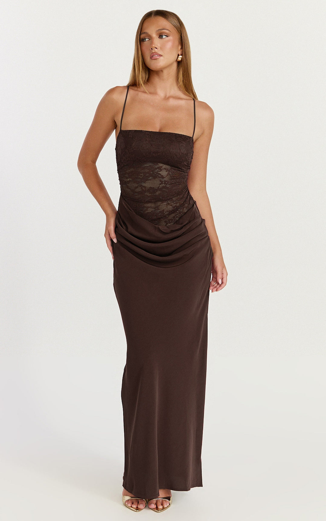 Rania Maxi Dress - Contrast Lace Bodice Bias Cowl Drop Waist Dress in Chocolate