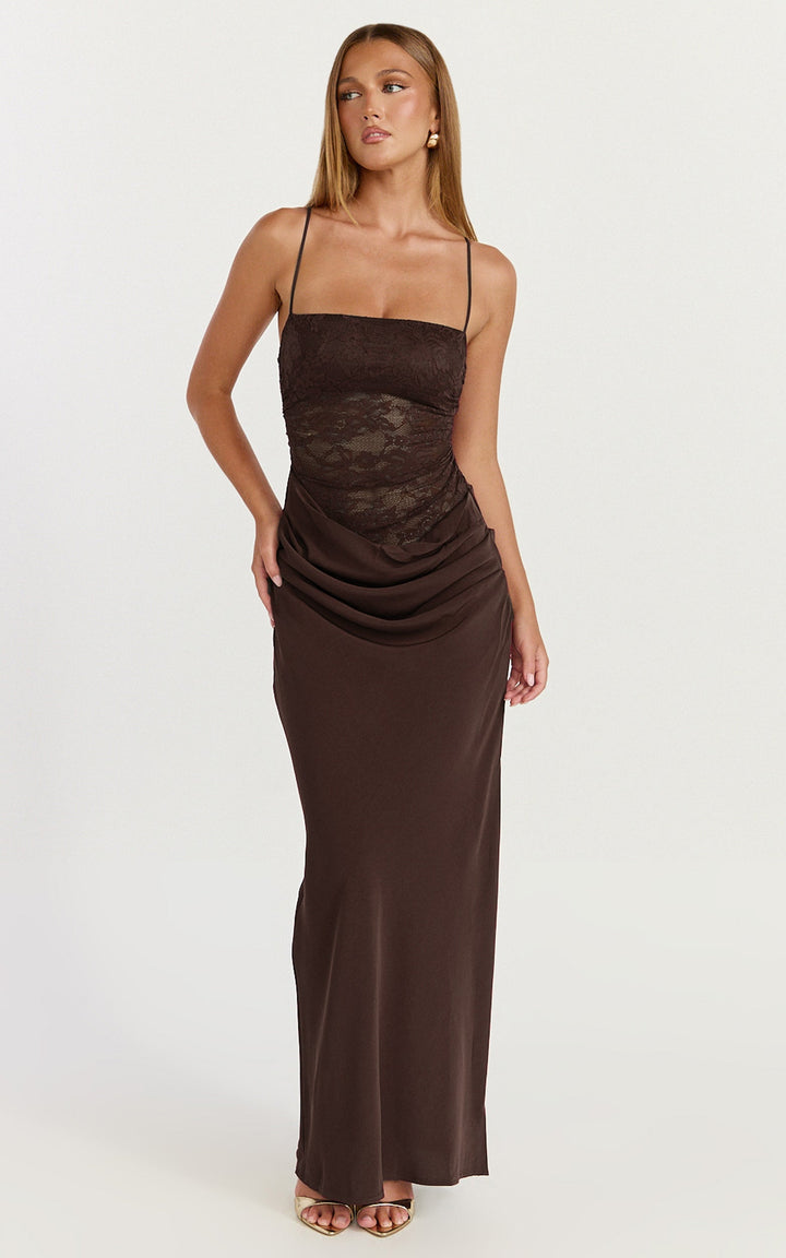 Rania Maxi Dress - Contrast Lace Bodice Bias Cowl Drop Waist Dress in Chocolate