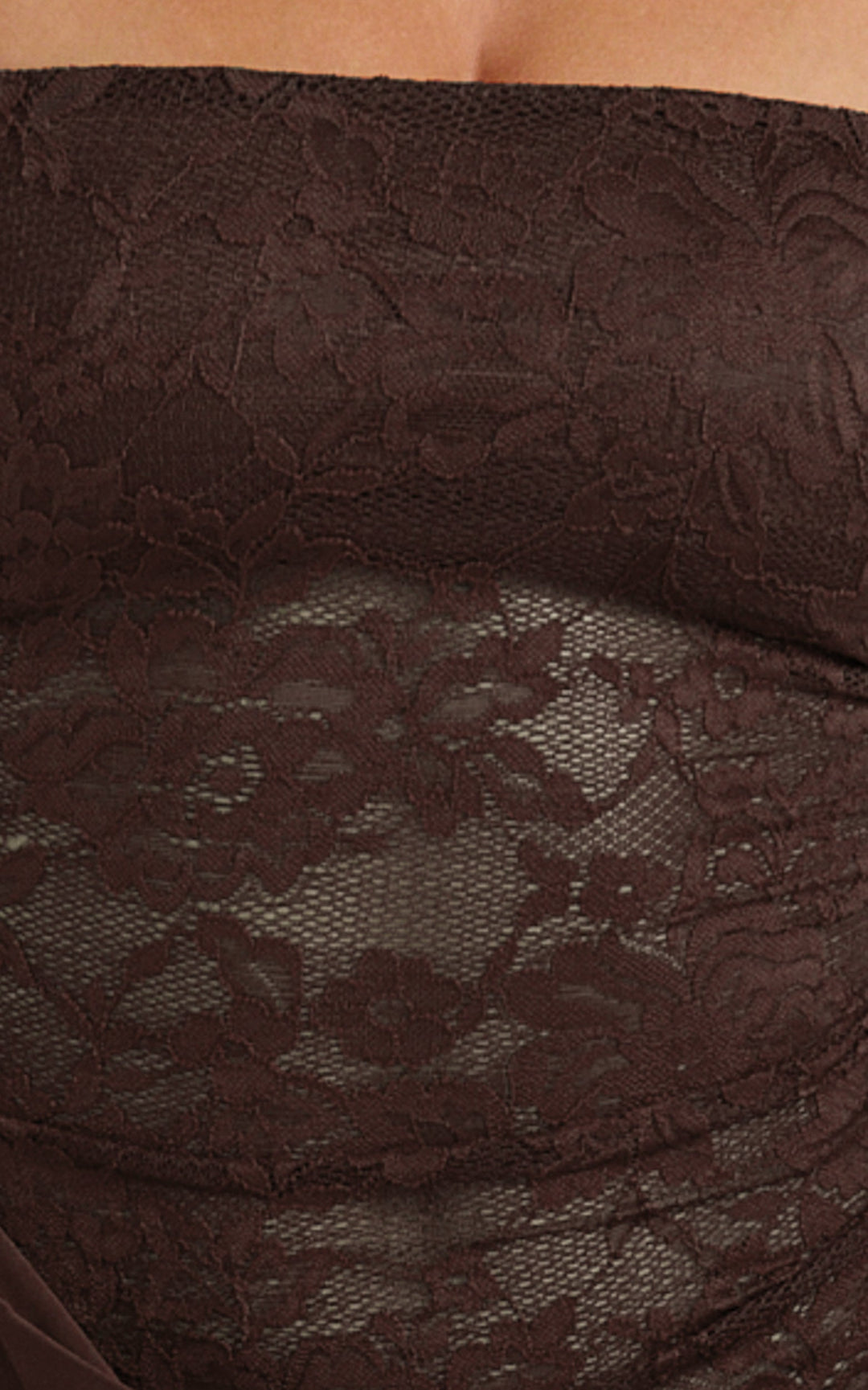 Rania Maxi Dress - Contrast Lace Bodice Bias Cowl Drop Waist Dress in Chocolate