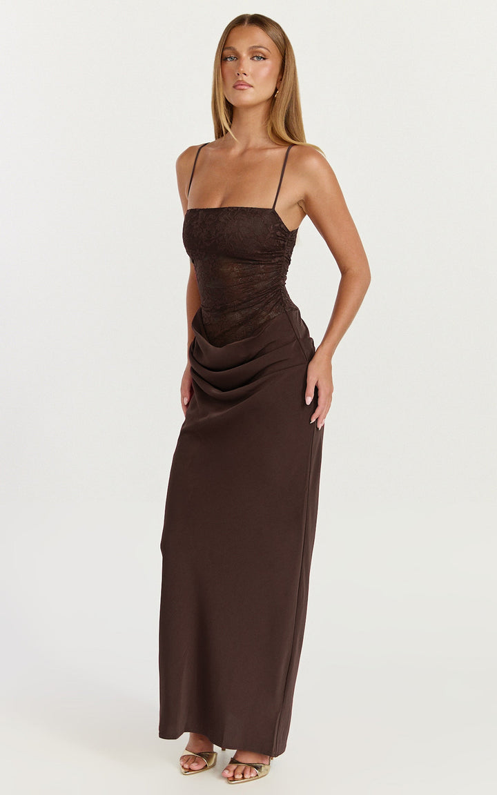 Rania Maxi Dress - Contrast Lace Bodice Bias Cowl Drop Waist Dress in Chocolate