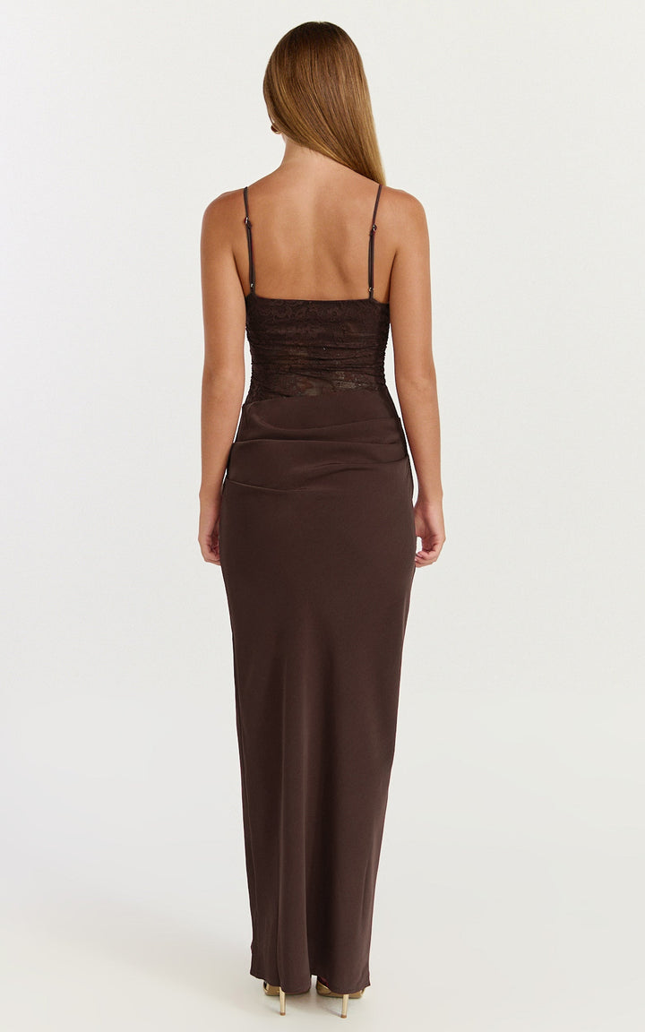 Rania Maxi Dress - Contrast Lace Bodice Bias Cowl Drop Waist Dress in Chocolate