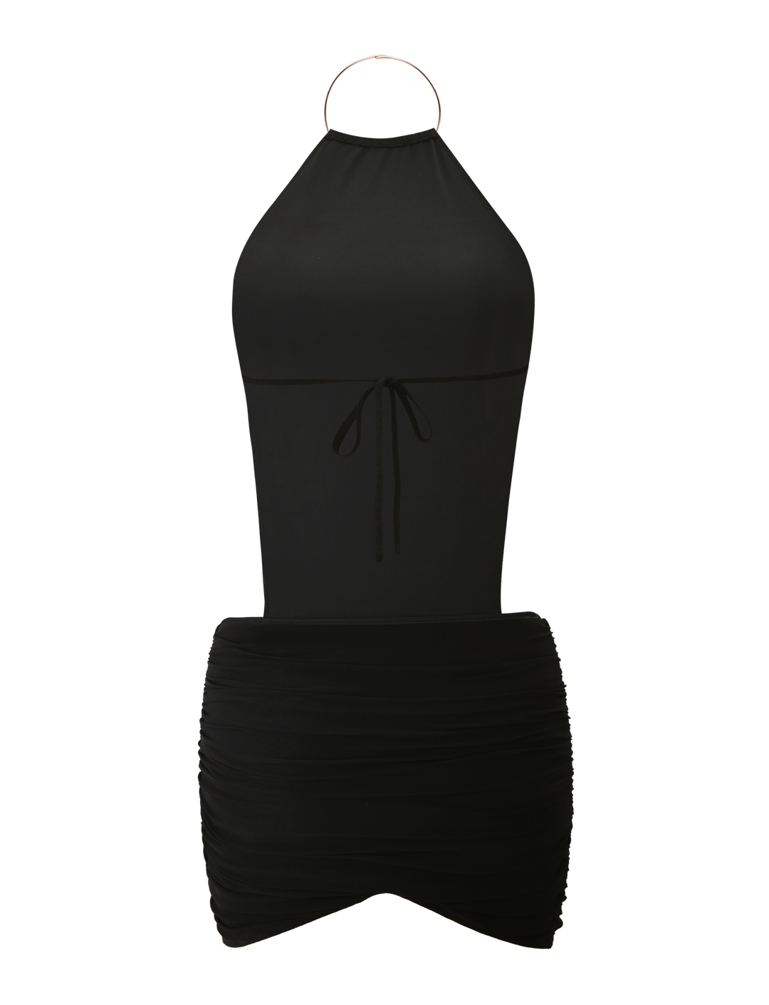 Glamcroft Mini Dress with High Neck and Open Back in Black