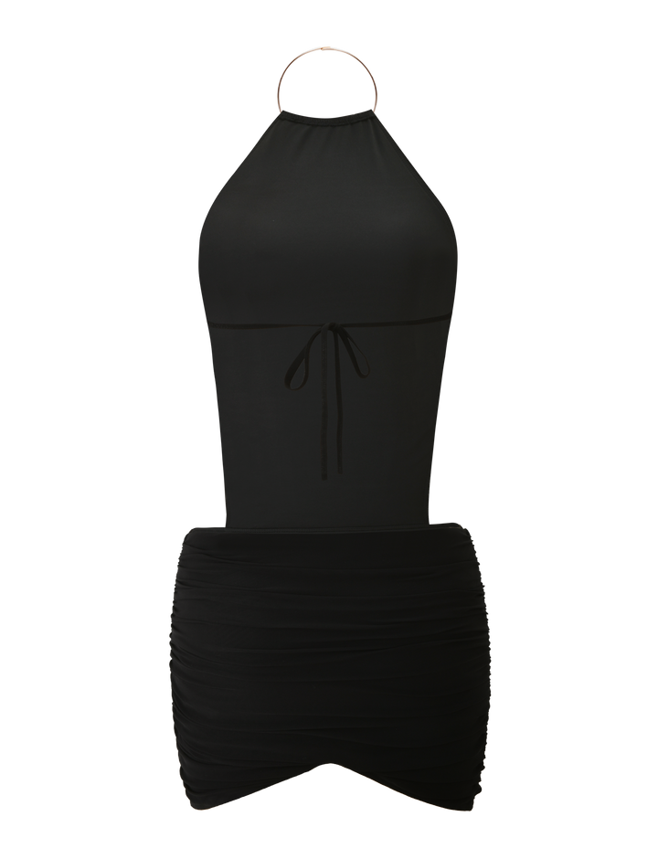 Glamcroft Mini Dress with High Neck and Open Back in Black
