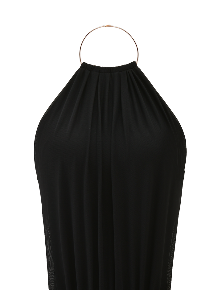 Glamcroft Mini Dress with High Neck and Open Back in Black