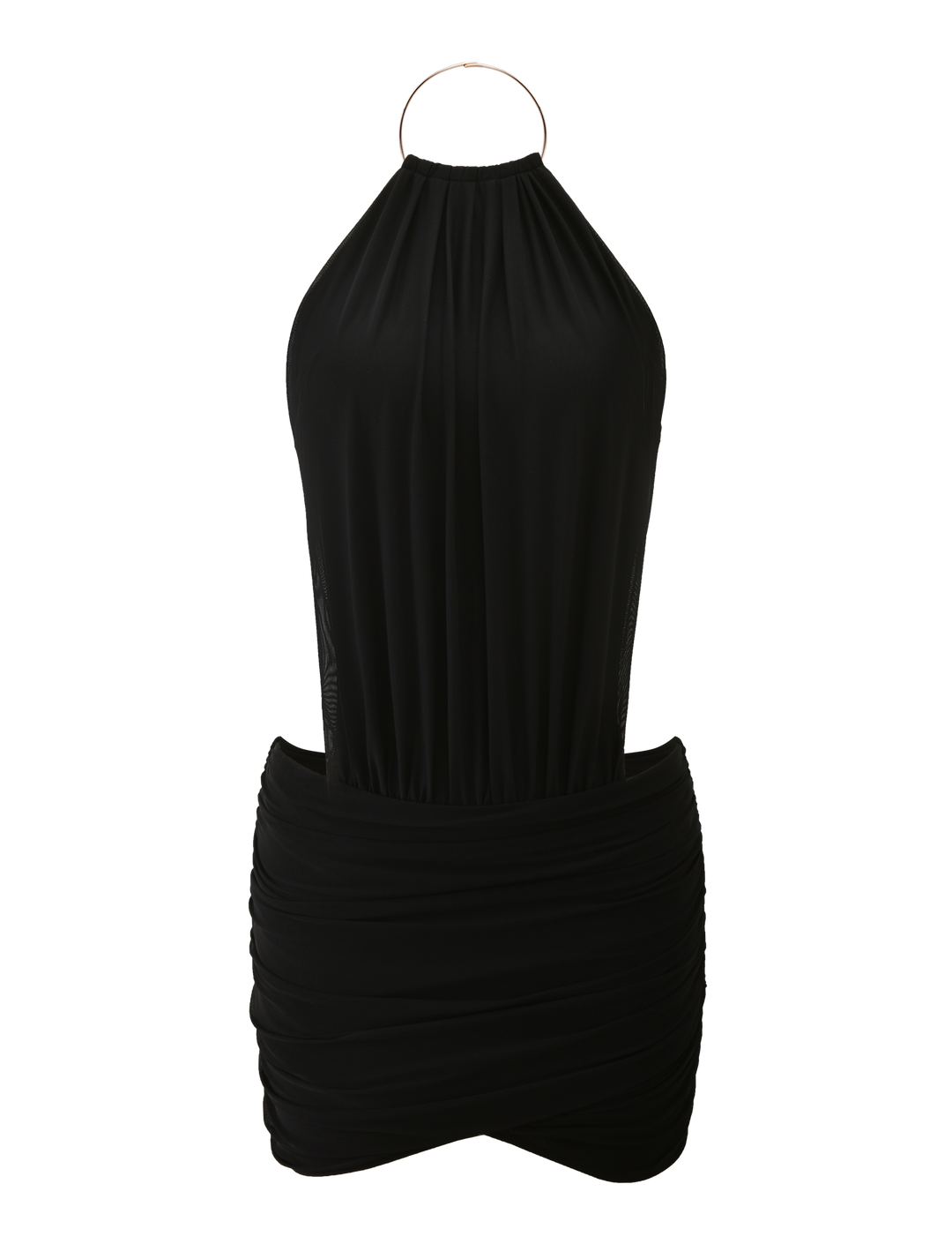 Glamcroft Mini Dress with High Neck and Open Back in Black