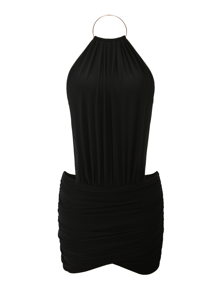 Glamcroft Mini Dress with High Neck and Open Back in Black