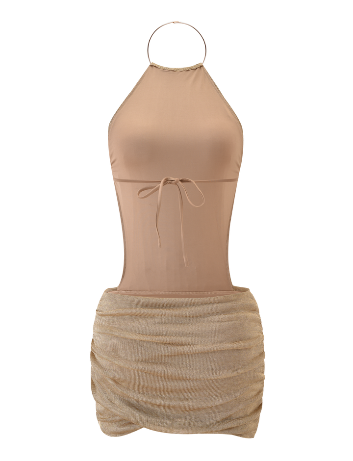 Glamcroft Mini Dress Gold High Neck Open Back Adjustable Fit