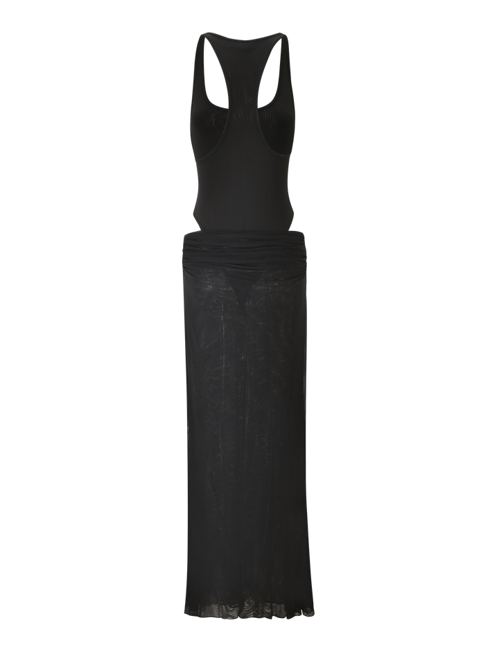 Glamcroft Maxi Dress with Slinky Bodysuit and Mesh Skirt