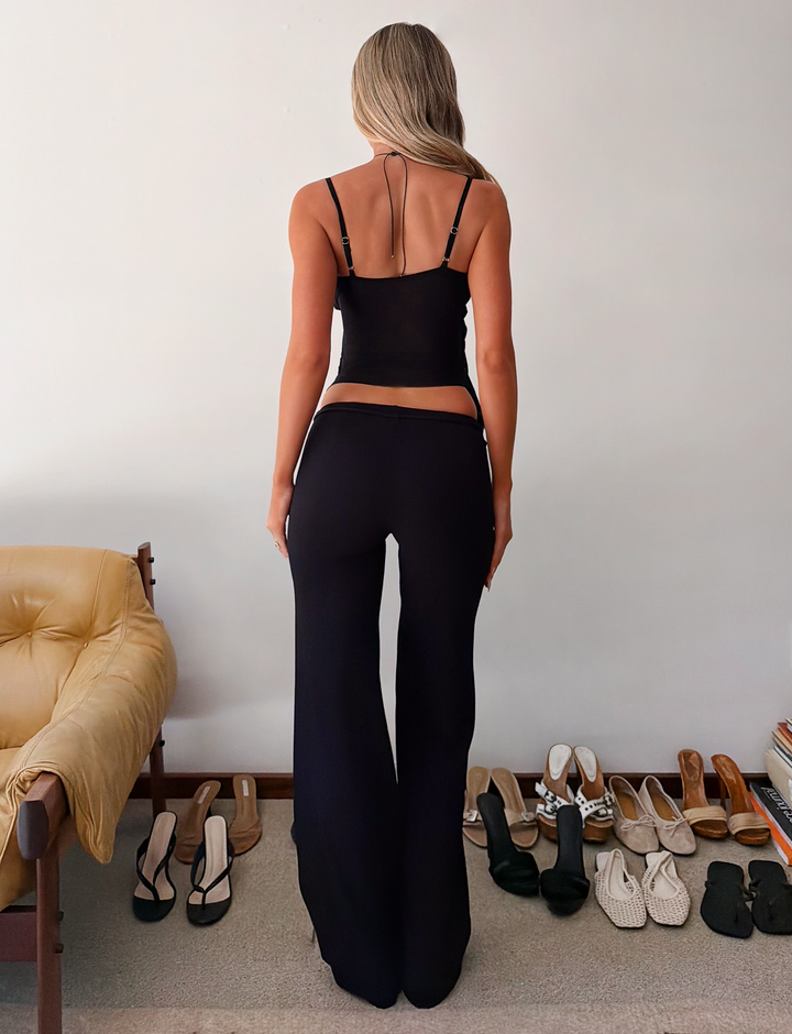 Glamcroft Pants Black Mid-Low Rise Wide Leg with Belt