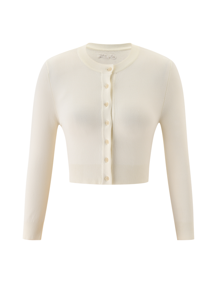 Glamcroft Cream Cropped Knit Cardigan with High Neck