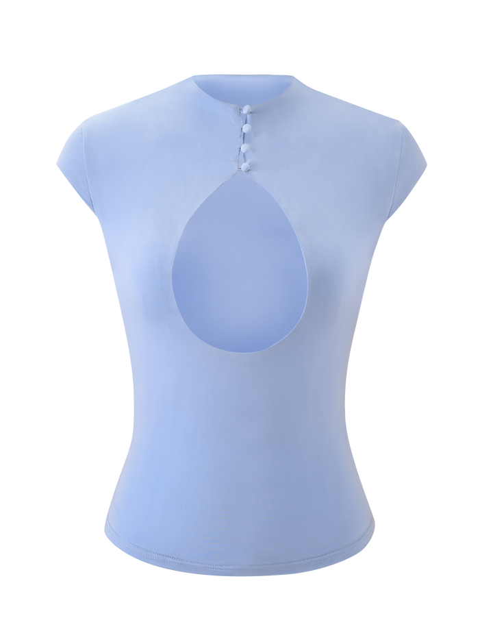 Glamcroft Baby Blue Cap Sleeve Mock Neck Top with Cutout