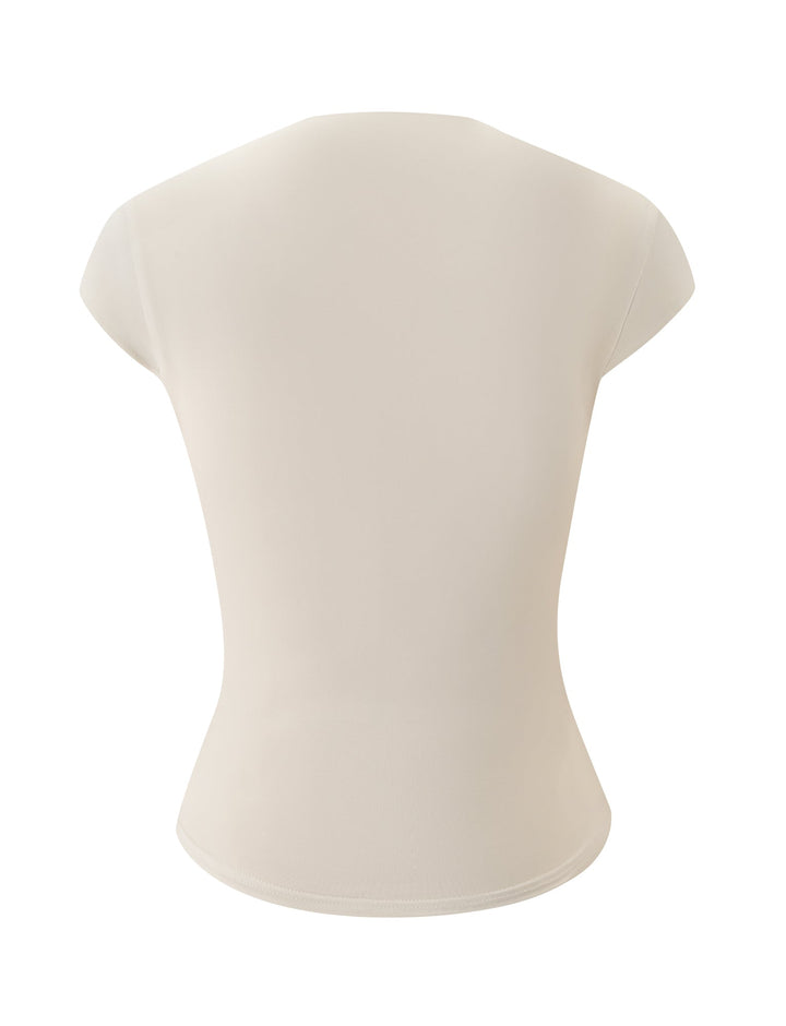 Glamcroft Cream Cap Sleeve Top with Mock Neck and Buttons