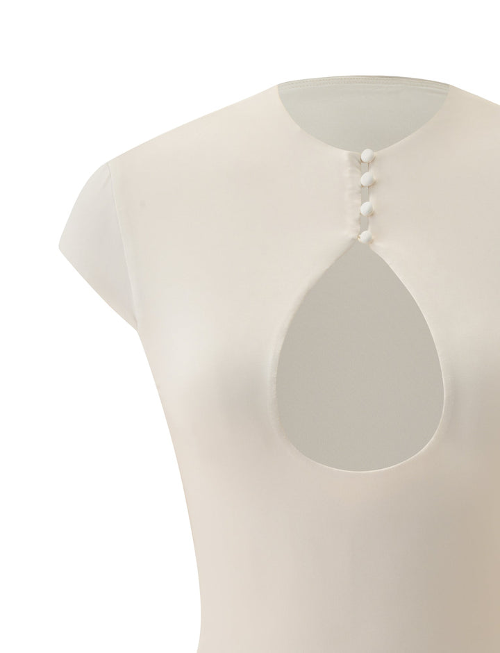 Glamcroft Cream Cap Sleeve Top with Mock Neck and Buttons
