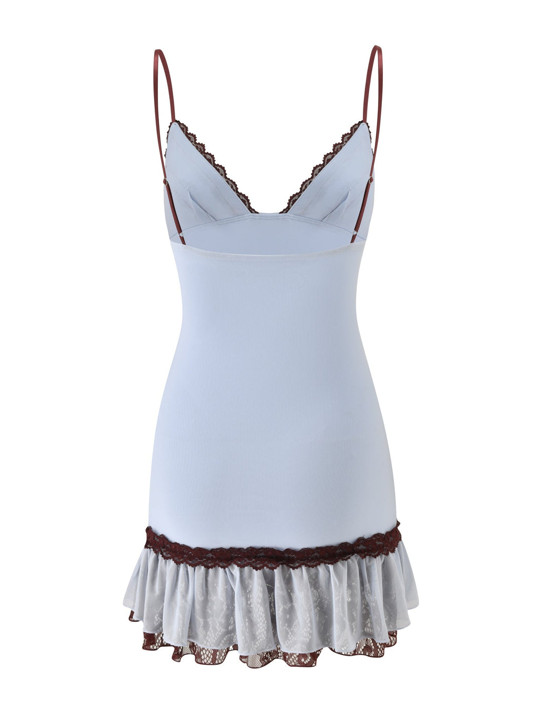 Glamcroft Mini Dress in Blue with Brown Lace Accents
