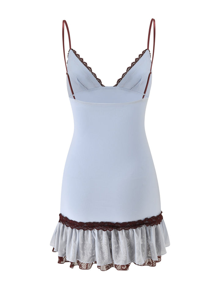 Glamcroft Mini Dress in Blue with Brown Lace Accents