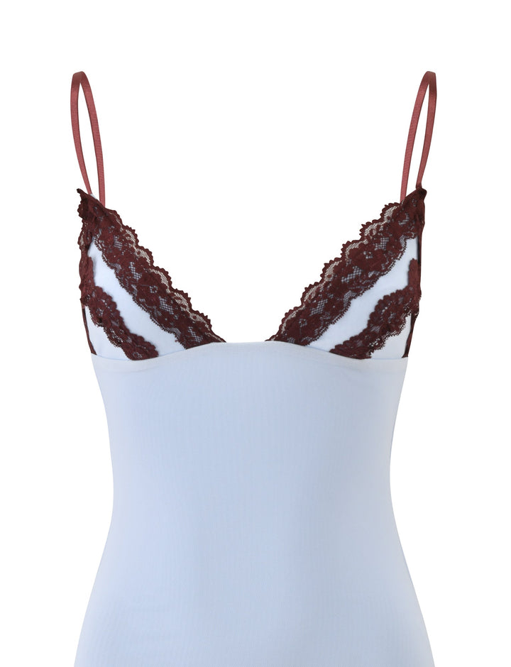 Glamcroft Mini Dress in Blue with Brown Lace Accents
