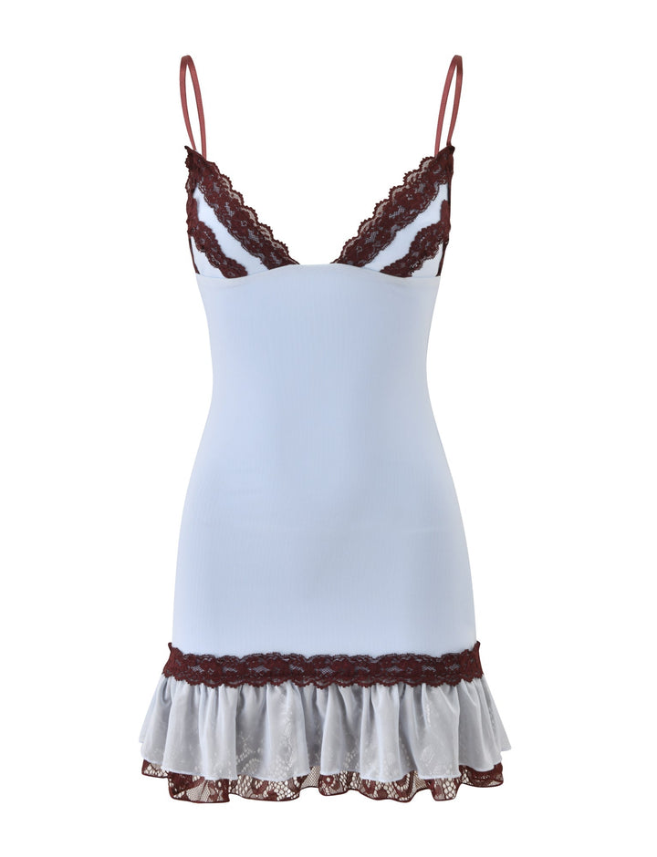 Glamcroft Mini Dress in Blue with Brown Lace Accents