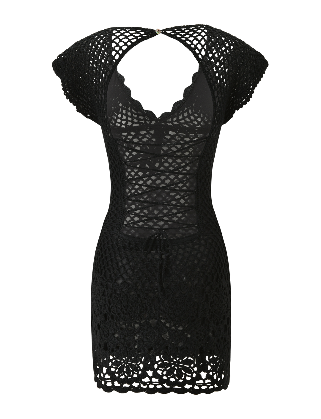 Glamcroft Mini Dress Black Crochet with Lace Up Back