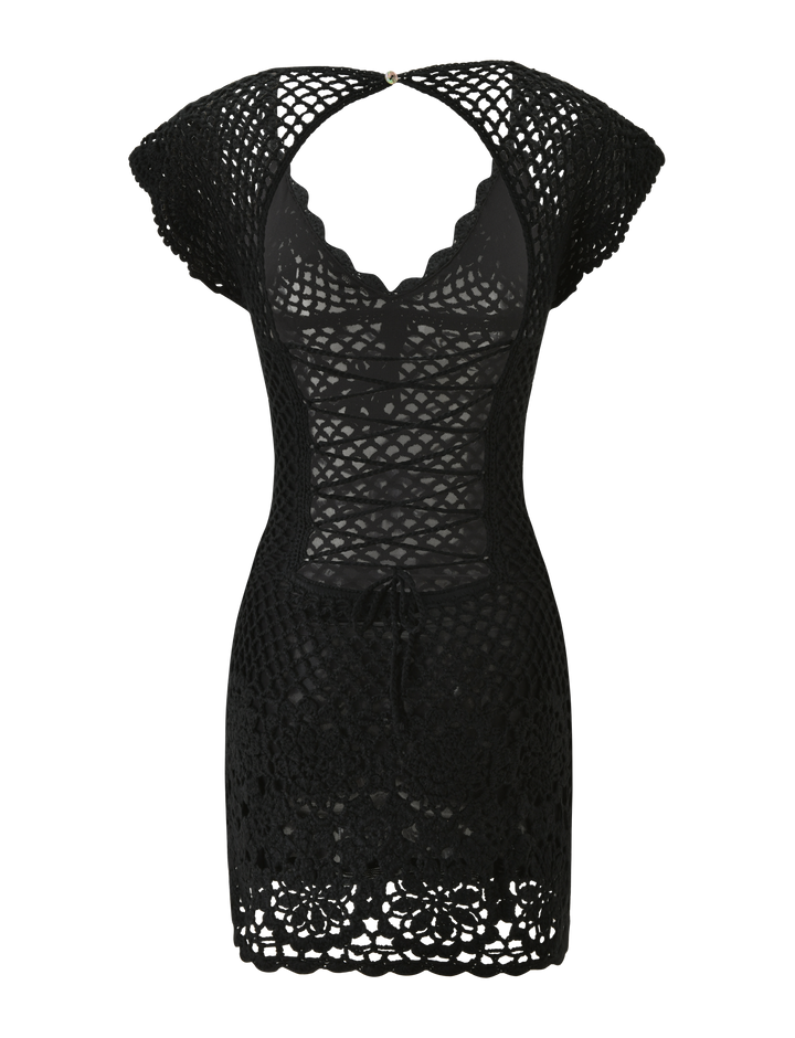 Glamcroft Mini Dress Black Crochet with Lace Up Back