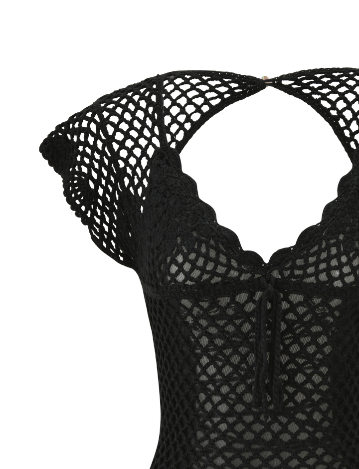 Glamcroft Mini Dress Black Crochet with Lace Up Back