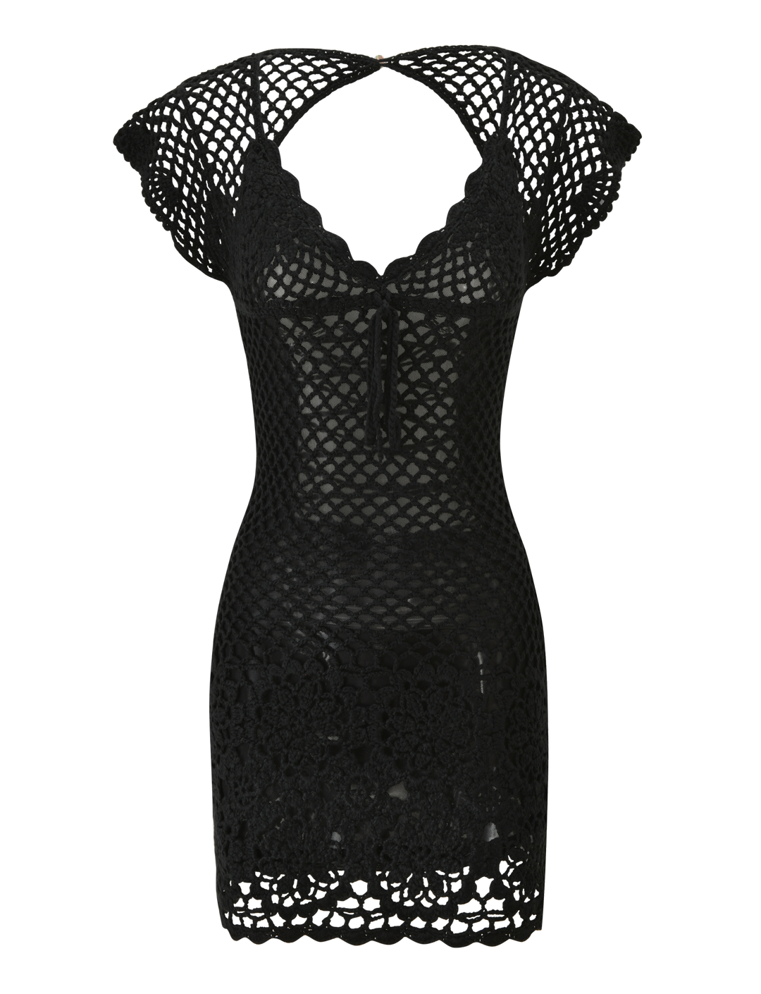 Glamcroft Mini Dress Black Crochet with Lace Up Back