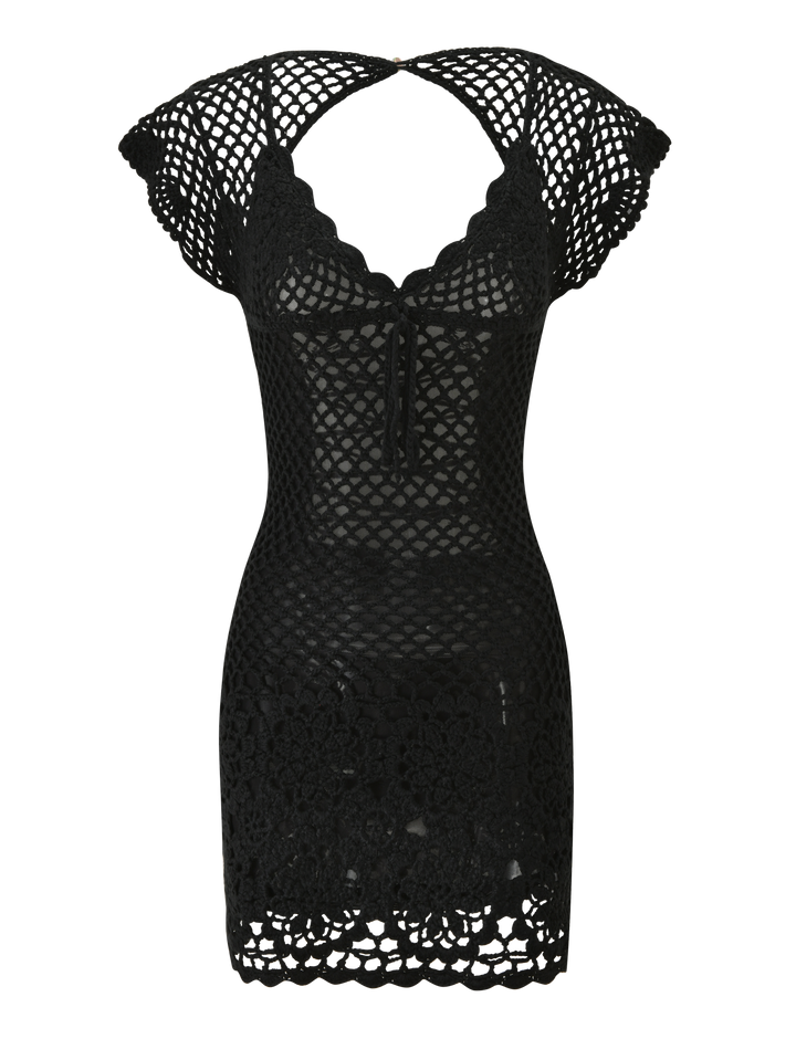 Glamcroft Mini Dress Black Crochet with Lace Up Back